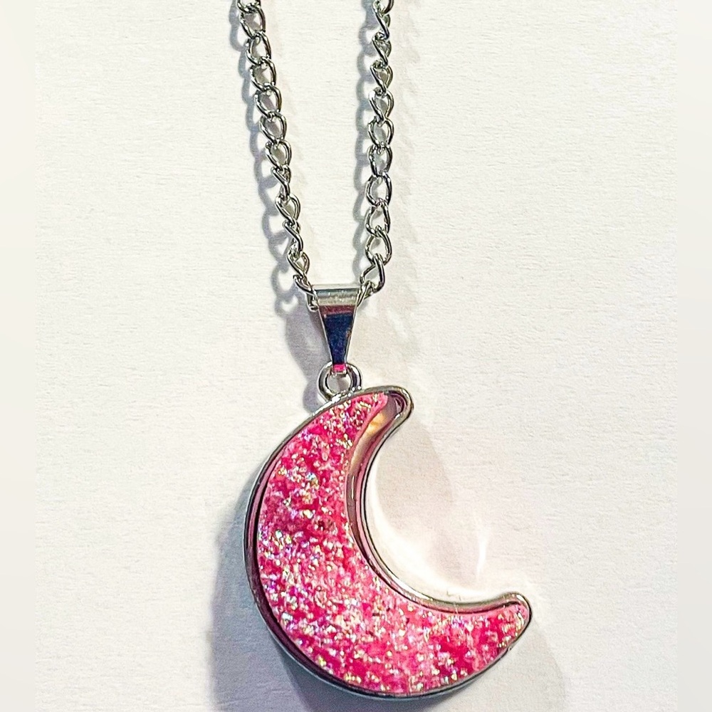 Pink Druzy Moon Silver Pendant Necklace